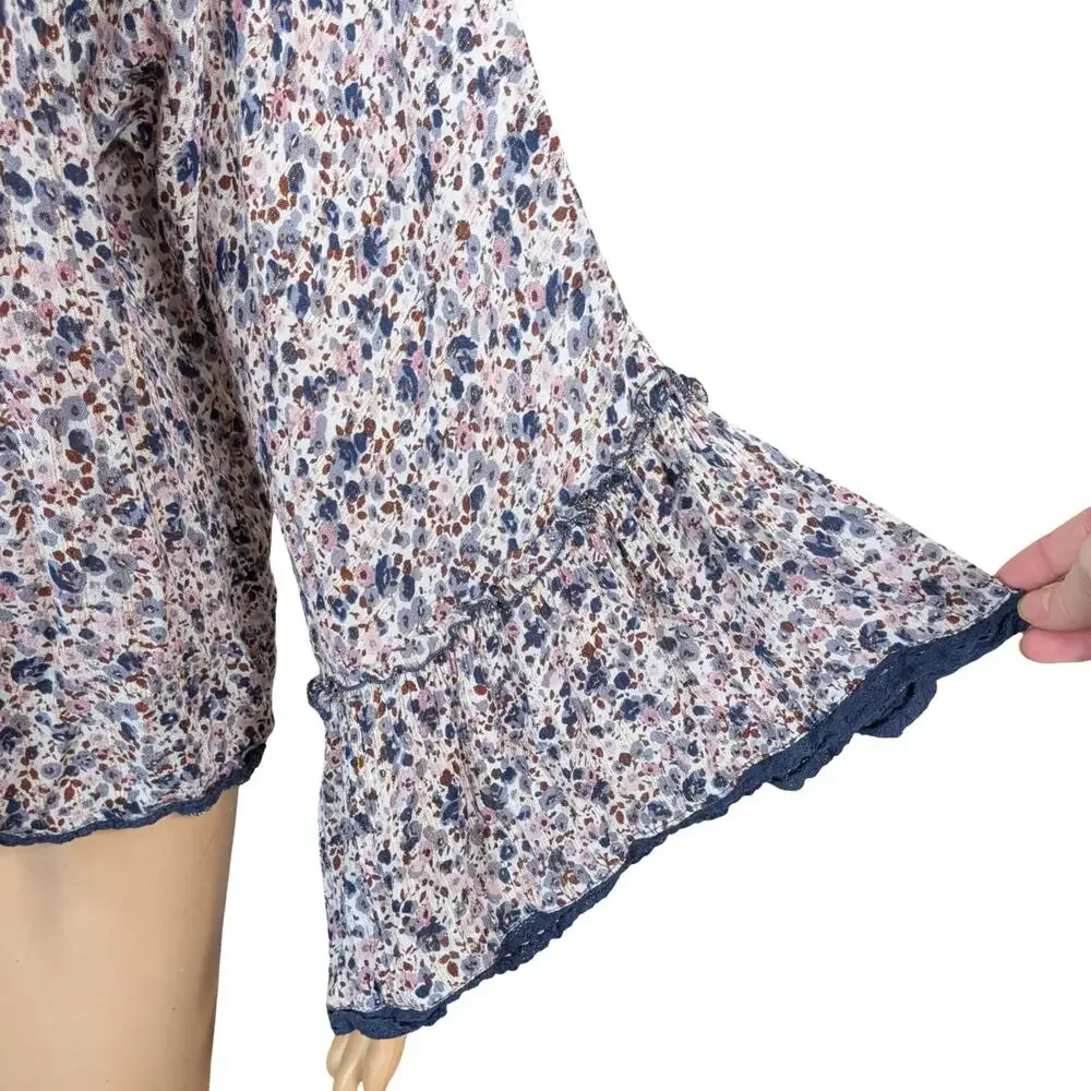 Nalini Anthropologie Blue Floral Kimono Top One Size OS Crochet Lace Tassel Boho